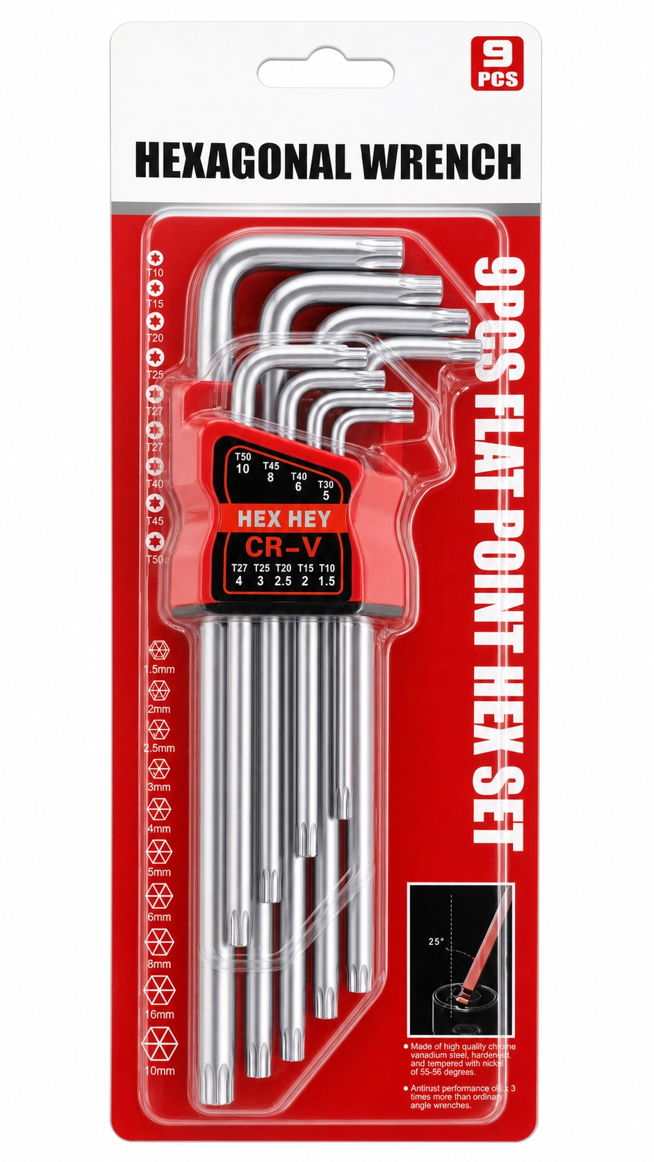 9pcs Flat Point Hex Key Set